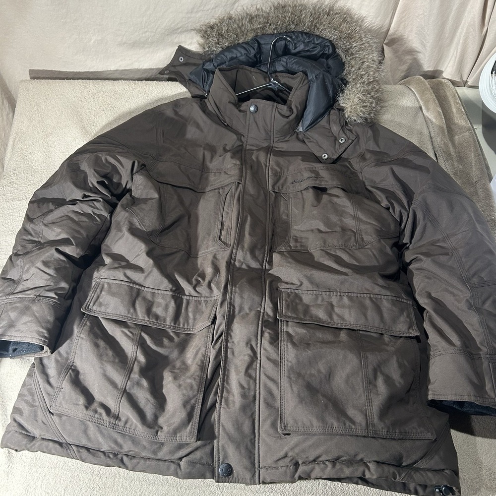 Vintage Eddie Bauer Mens Large Goose Down Parka Jacket Brown Faux Fur Hood